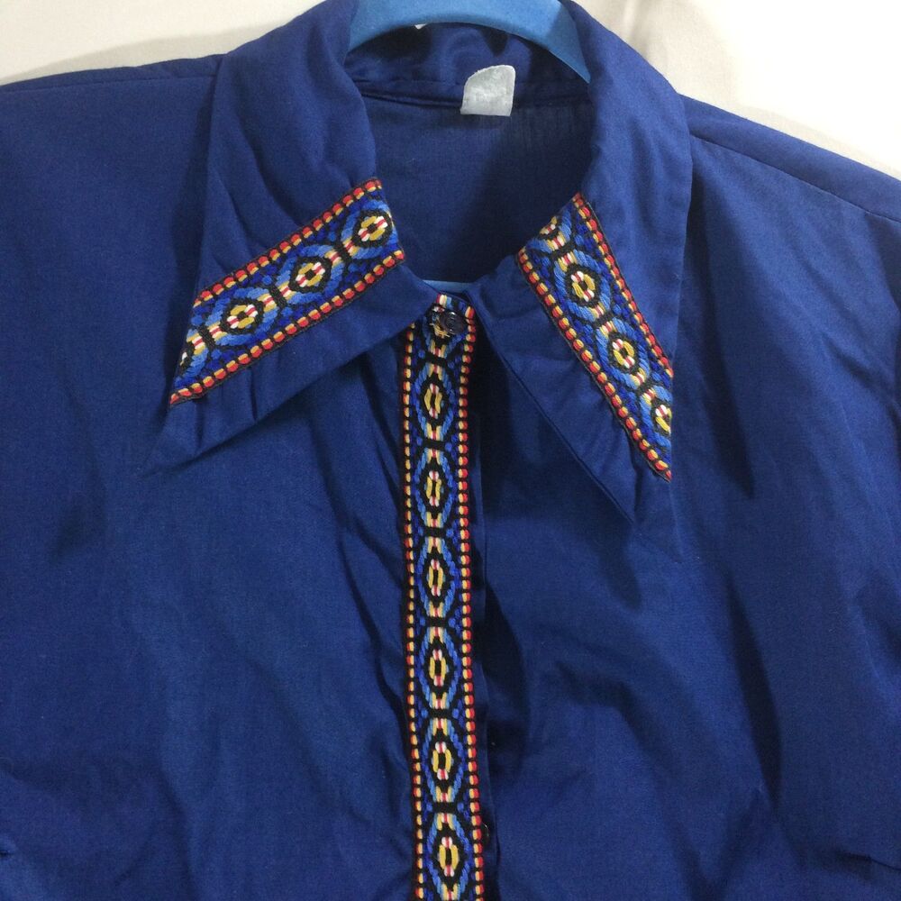 Vintage 1970s Womens L Blue Blouse Woven Trim Bishop Sleeve Union Made USA - Picture 5 of 7
